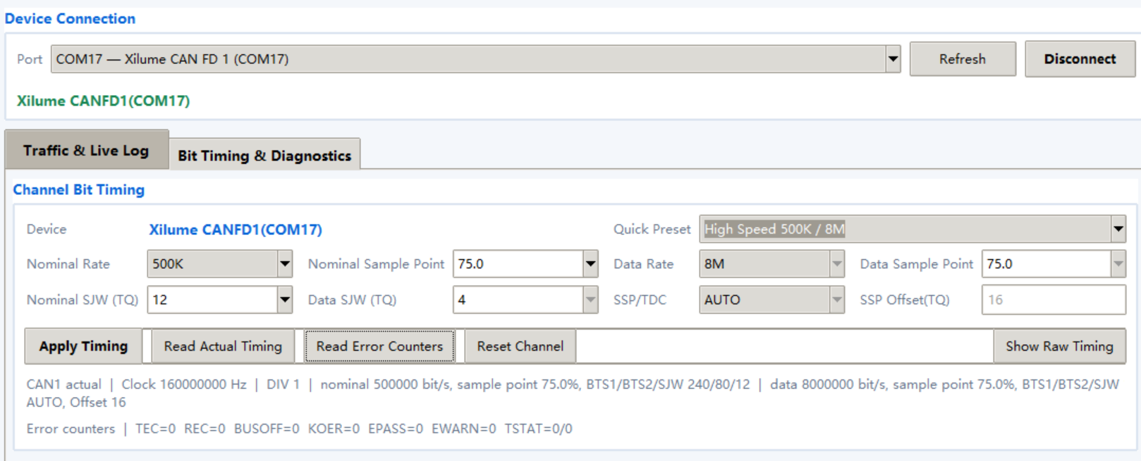 Xilume CAN FD timing screen showing 500 kbit per second nominal rate and 8 Mbit per second data rate