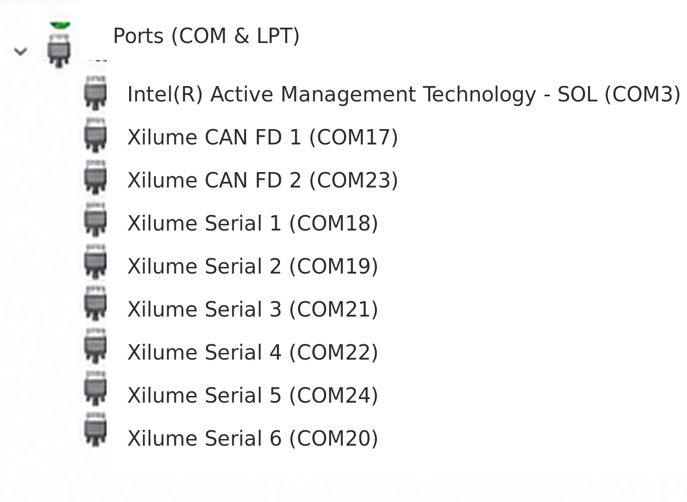 Windows Device Manager showing two Xilume CAN FD COM endpoints and six Xilume serial COM ports