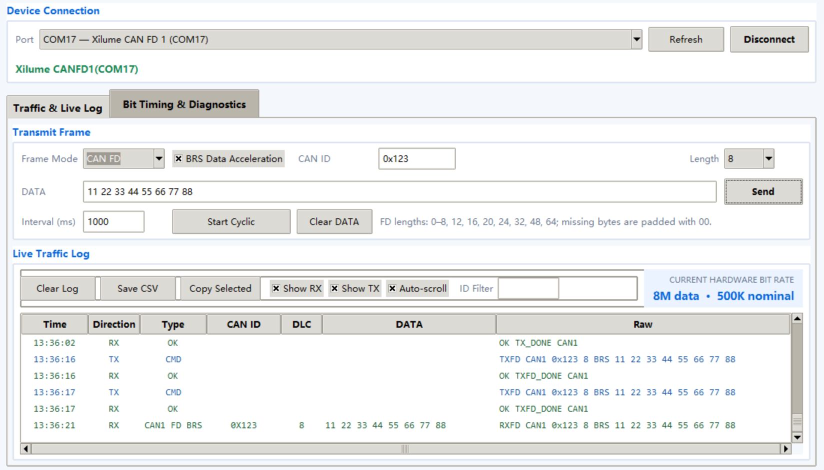 Xilume CAN FD Control Center showing CAN FD transmit, receive, live traffic, filtering, and CSV logging